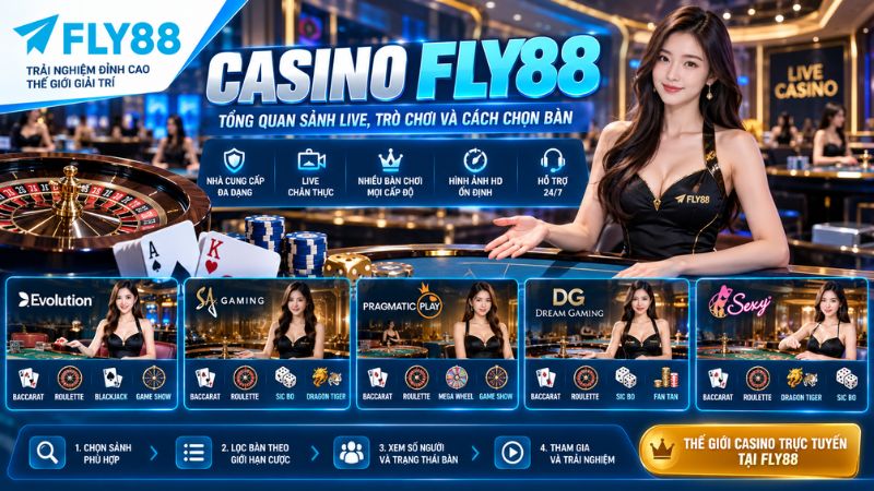 Casino FLY88 – Tổng quan sảnh live, trò chơi Baccarat, Roulette, Blackjack và cách chọn bàn